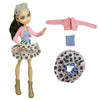 A fashion doll outfit featuring a pink jacket, blue top, and a patterned skirt with accessories.