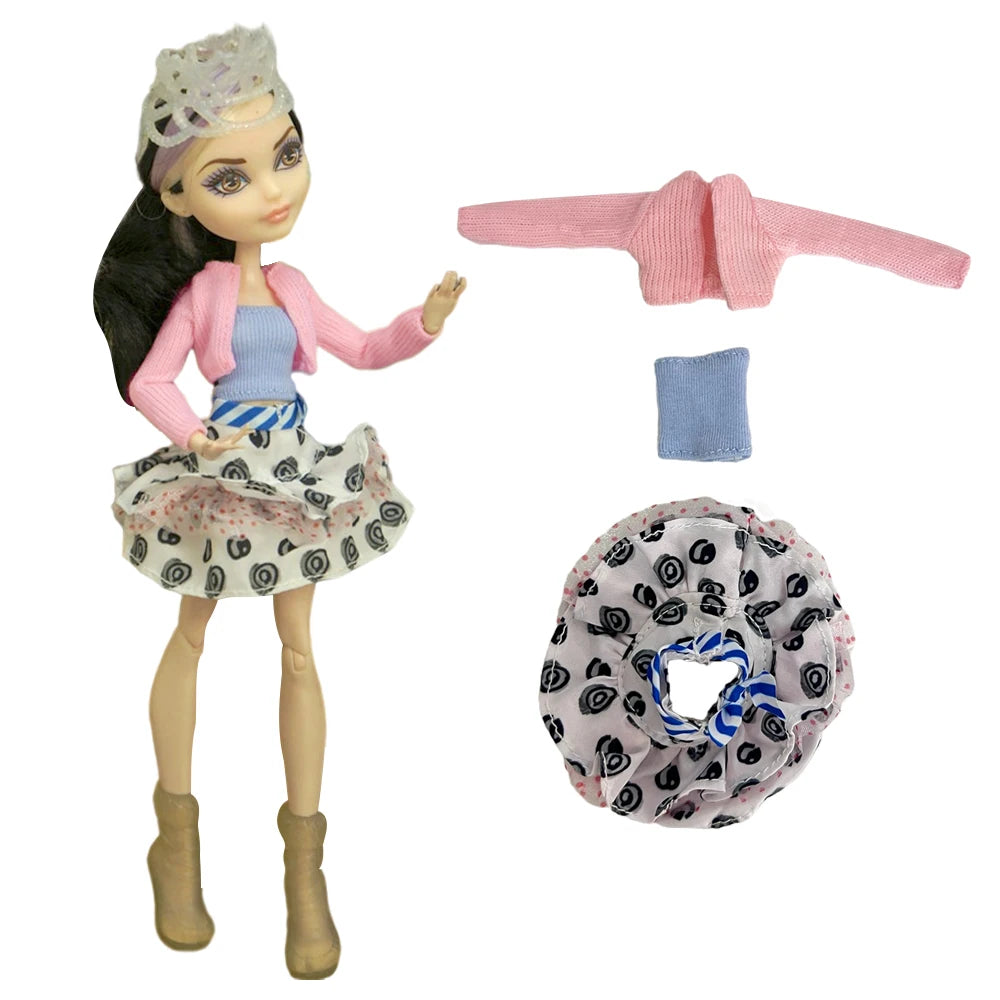 A fashion doll outfit featuring a pink jacket, blue top, and a patterned skirt with accessories.