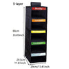 A black 5-layer weekly hanging closet organizer with labeled daily pockets for Monday through Friday.