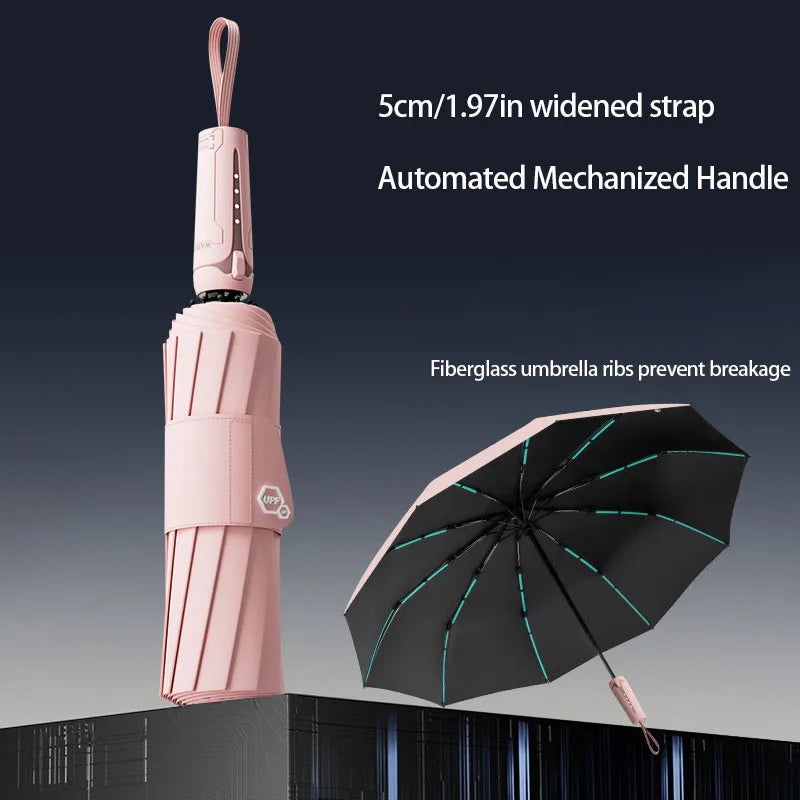 A pink umbrella with a widened strap and automated mechanized handle is shown next to an open black umbrella.