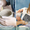 Hands are shown preparing, sculpting, and painting clay on a pottery wheel for a beginner kit.