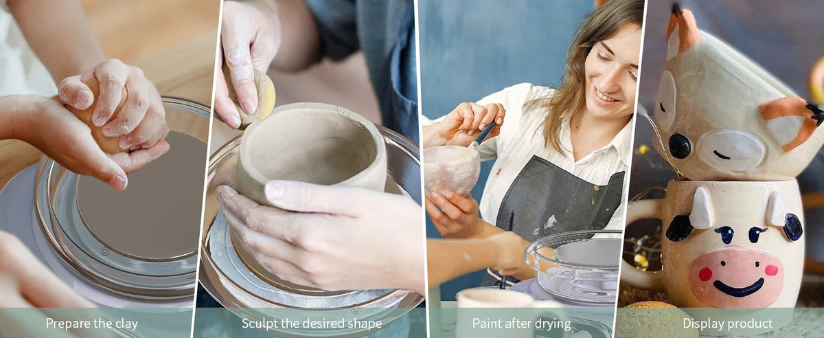 Hands are shown preparing, sculpting, and painting clay on a pottery wheel for a beginner kit.