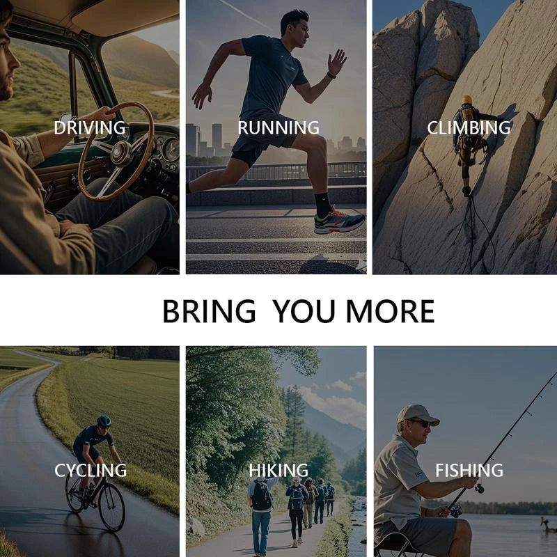 A collage showing various outdoor activities including driving, running, climbing, cycling, hiking, and fishing.