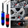 A set of long reach soft bristle wheel cleaning brushes in blue, black, and red are shown for automotive detailing.