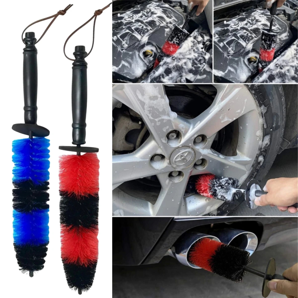 A set of long reach soft bristle wheel cleaning brushes in blue, black, and red are shown for automotive detailing.