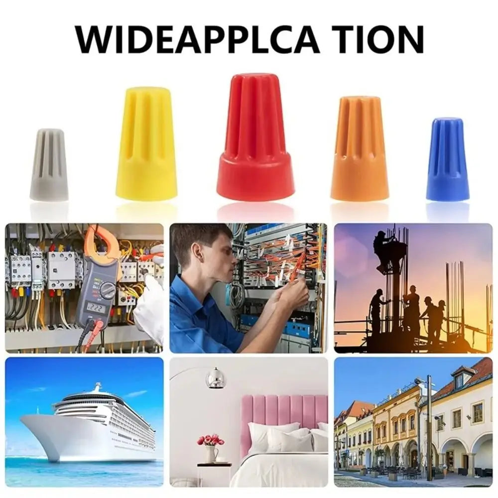 A collection of color-coded twist-on wire connectors in various sizes, including plastic components and industrial wiring app
