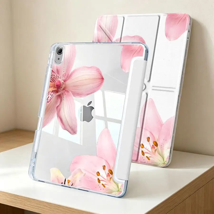 A clear tablet case featuring a pink lily flower design and a built-in pen holder.
