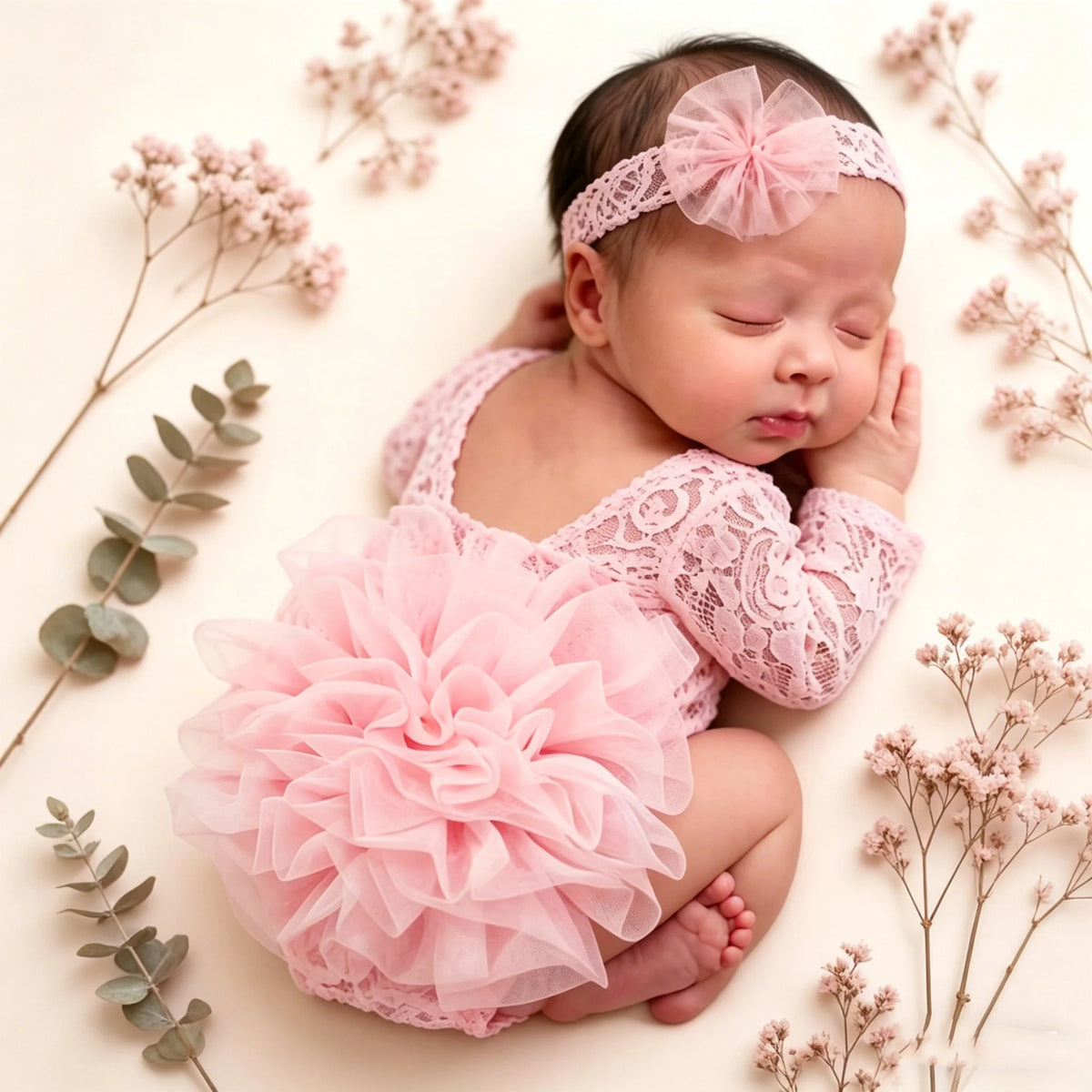 A newborn baby wearing a pink tulle romper and headband, lying on a light background surrounded by dried floral branches.