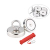 A silver fishing magnet with an eyebolt and a red cord is shown alongside other magnetic components.