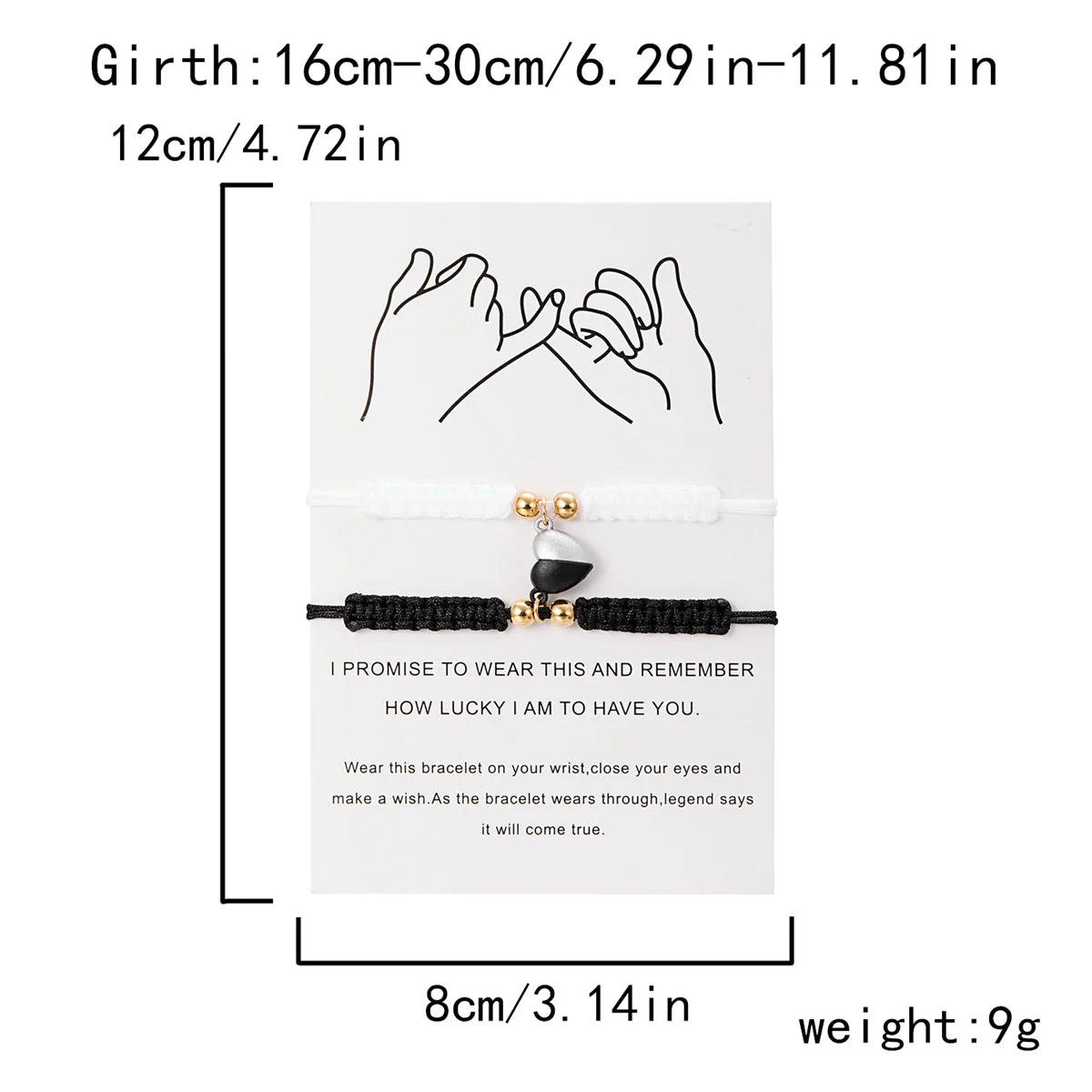 A pair of black and gold magnetic heart couple bracelets with a promise message card.