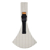 Ergonomic baby sling carrier with a patterned fabric and a black strap.
