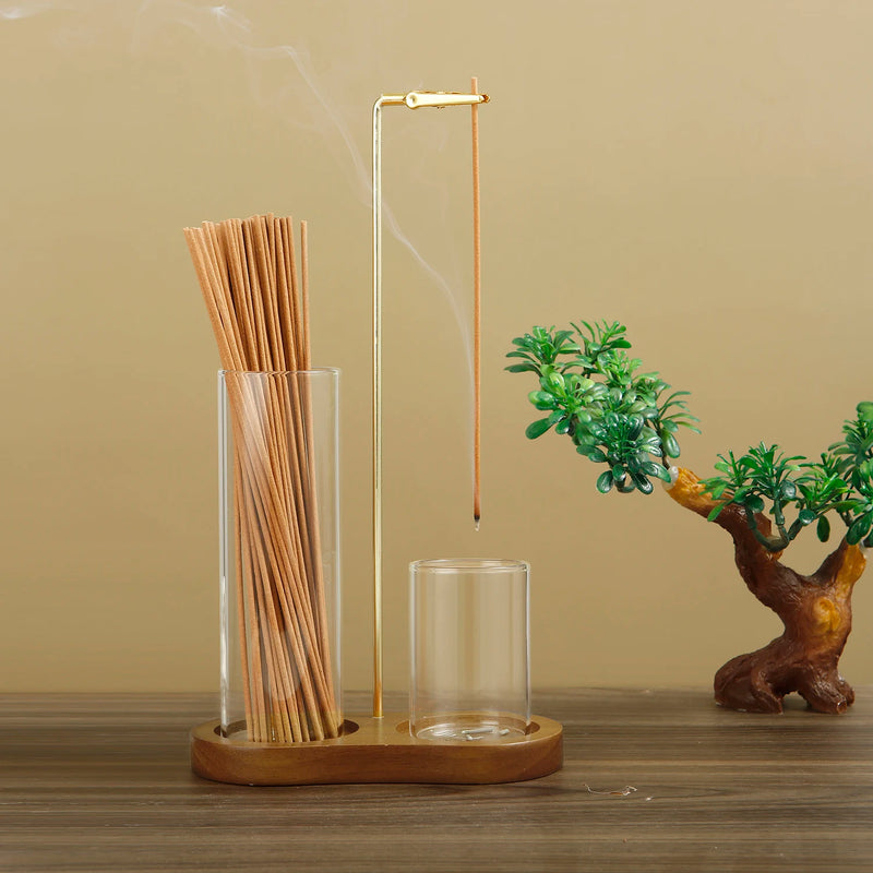 Dual Glass Incense Holder with Wooden Base