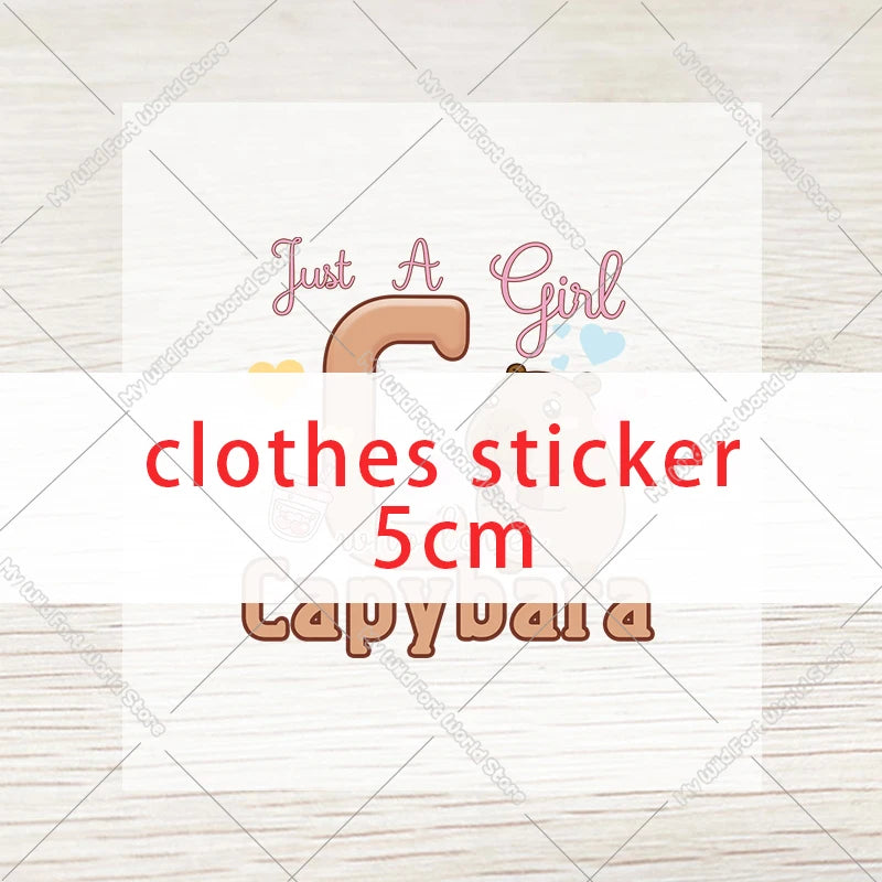 A cute capybara drawstring storage bag sticker with the text Just A Girl clothes sticker 5cm