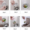 Six steps demonstrating how to use disposable mesh sink strainer bags for draining food.