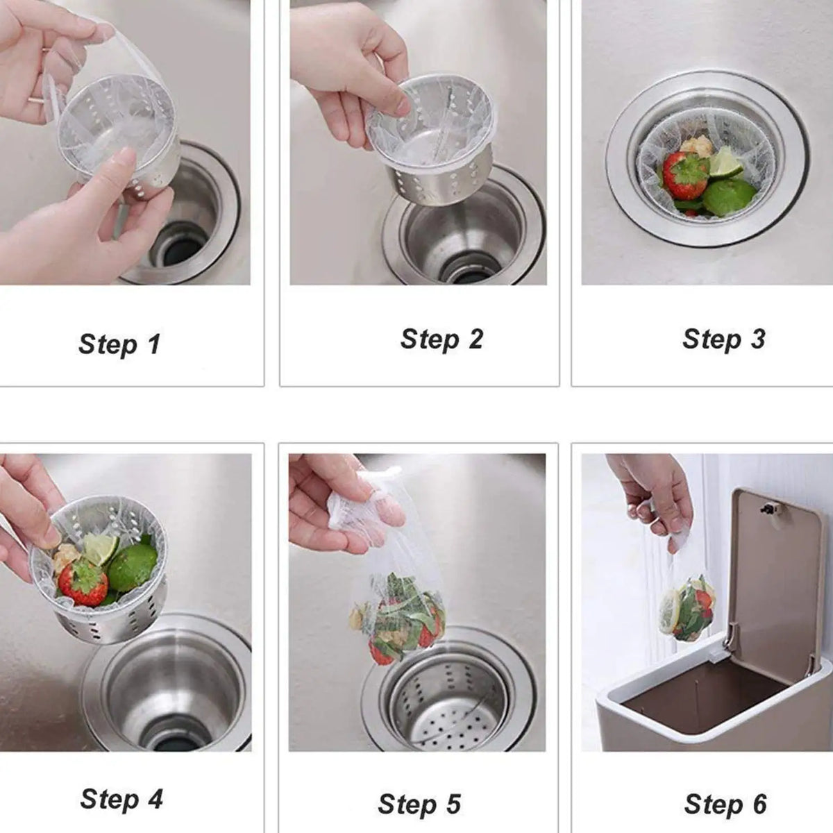 Six steps demonstrating how to use disposable mesh sink strainer bags for draining food.