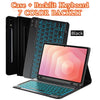 Black keyboard case and backlit keyboard for a tablet, showing the keyboard and the tablet inside.