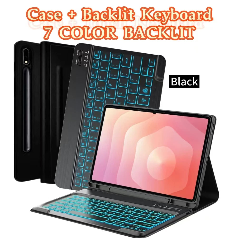 Black keyboard case and backlit keyboard for a tablet, showing the keyboard and the tablet inside.