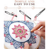 A close-up shows three steps for using self-threading sewing needles, including threading a needle with pink thread onto fabr