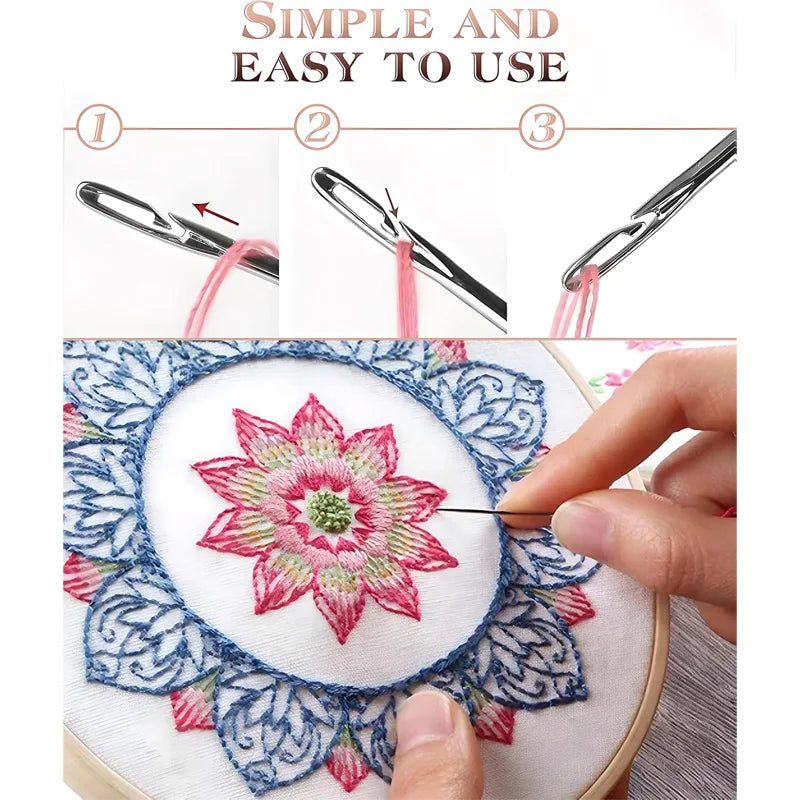 A close-up shows three steps for using self-threading sewing needles, including threading a needle with pink thread onto fabr