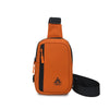 An orange water-resistant nylon chest sling bag with a black strap and zipper visible from the top.