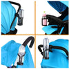 A blue bottle holder is shown attached to a stroller or wheelchair frame, demonstrating the 360° rotating mechanism.
