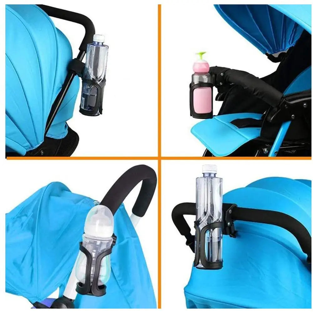A blue bottle holder is shown attached to a stroller or wheelchair frame, demonstrating the 360° rotating mechanism.