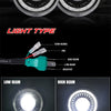 A set of 7-inch round LED headlights for a Jeep Wrangler showing low beam, high beam, DRL, and turn signal types.