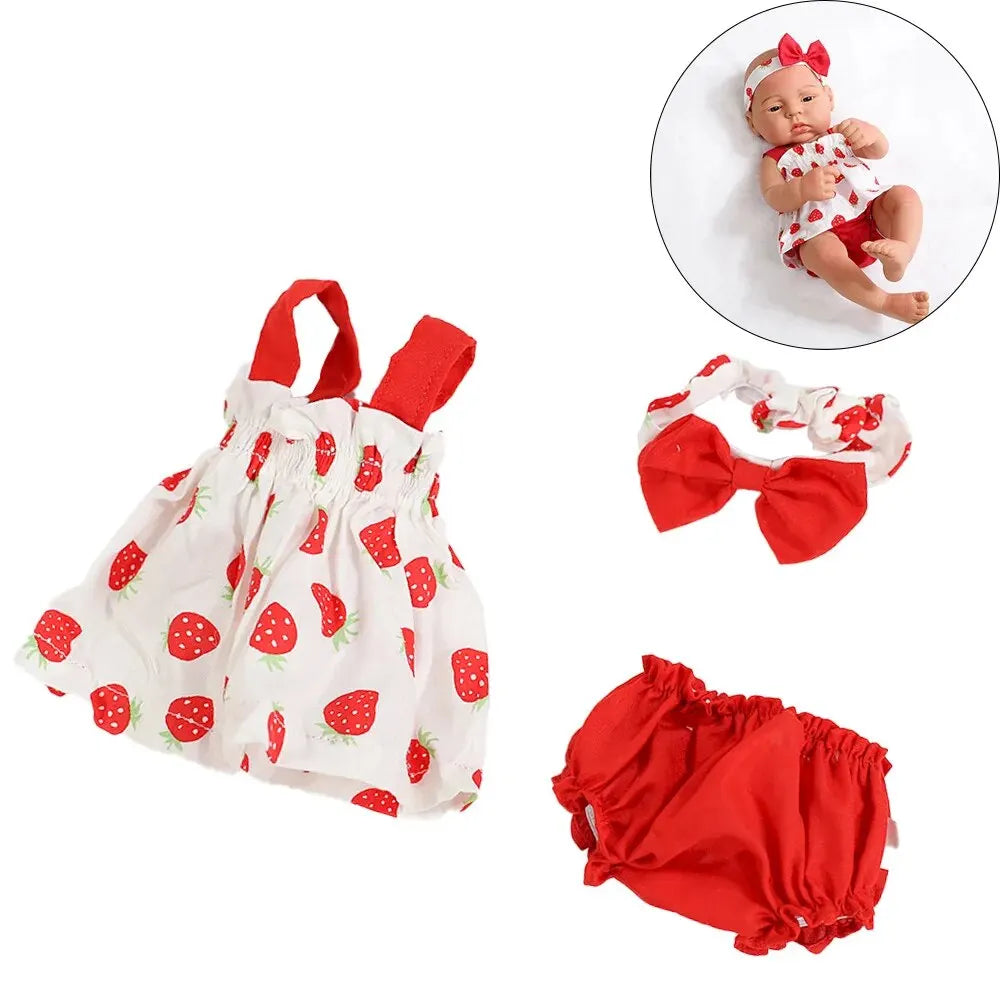 A set of adorable 3-piece doll outfits featuring strawberries and red fabric for a baby doll.
