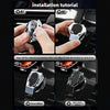 Installation tutorial showing how to tear off an adhesive film and align a metal button cover for a car interior.