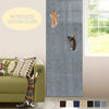 A gray self-adhesive cat scratching mat is installed on a wall, with a cat visible nearby.