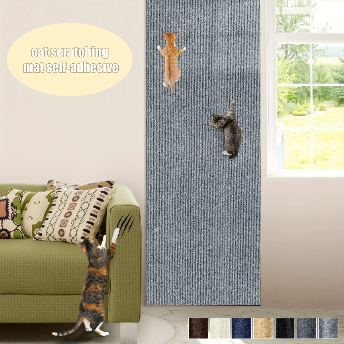 A gray self-adhesive cat scratching mat is installed on a wall, with a cat visible nearby.