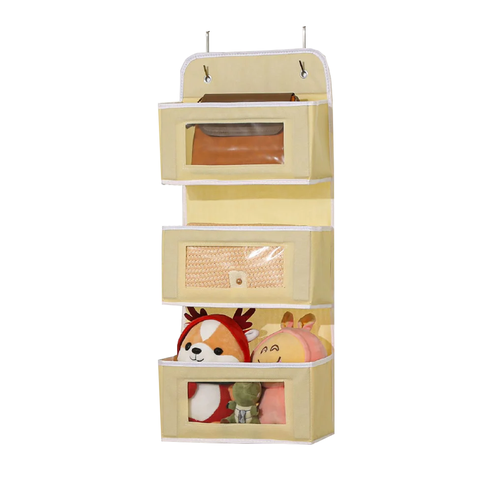 A vertical over-the-door hanging organizer with multiple clear plastic compartments and various small items inside.