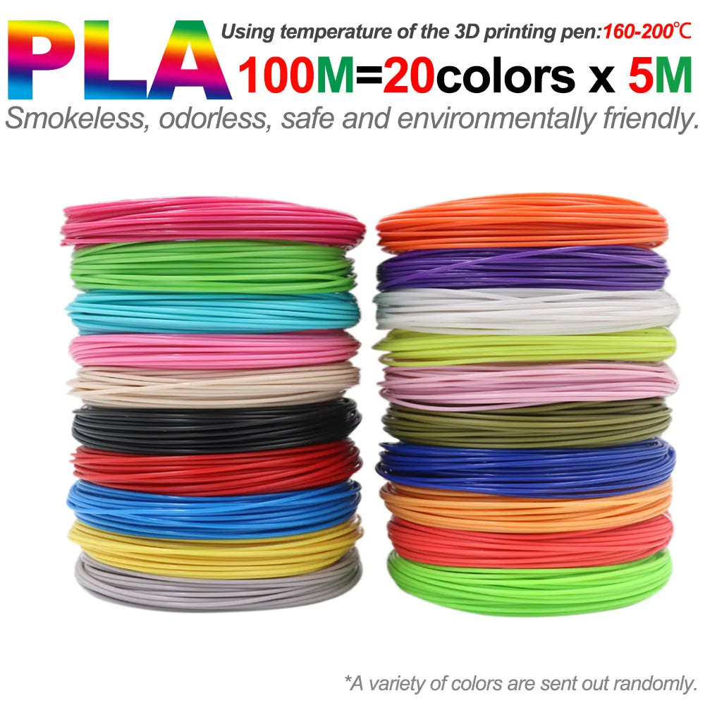 A variety of colored PLA filament spools stacked in rows, showing various colors like pink, green, blue, and orange.