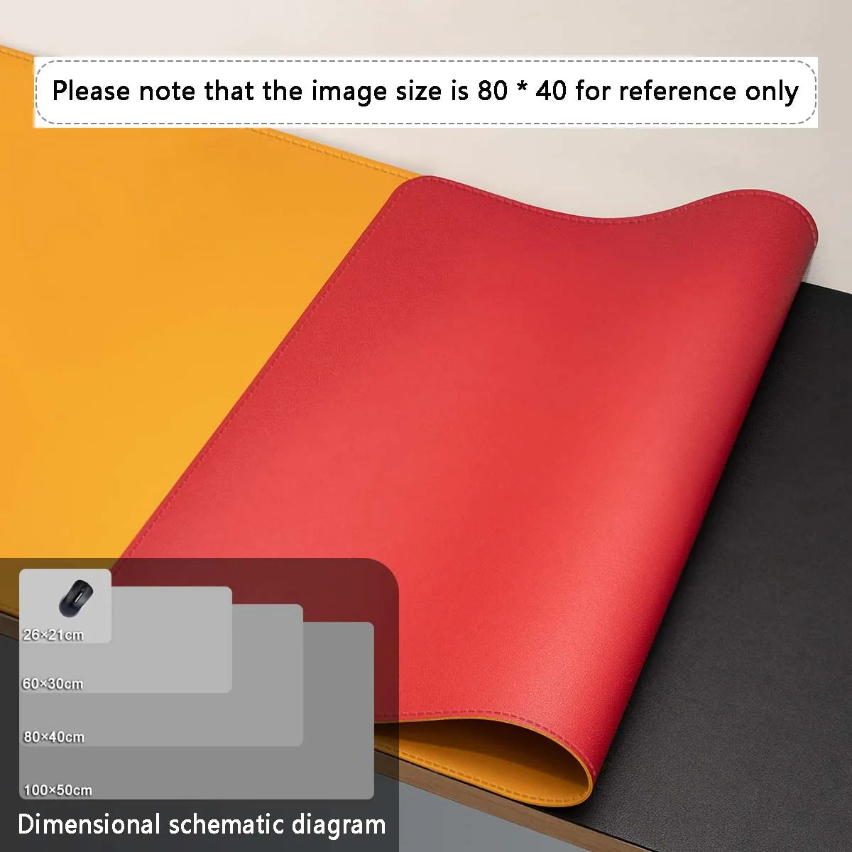 A red premium PU leather desk mat shown in a close-up angle against a dark background.