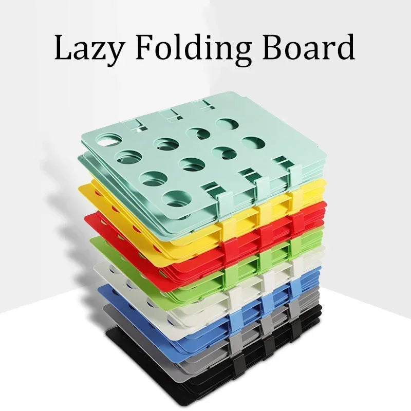 A stack of colorful lazy folding boards for organizing clothes and shirts.
