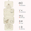 A beige portable hanging toiletry bag featuring various accessories including bracelets, necklaces, earrings, rings, and watc