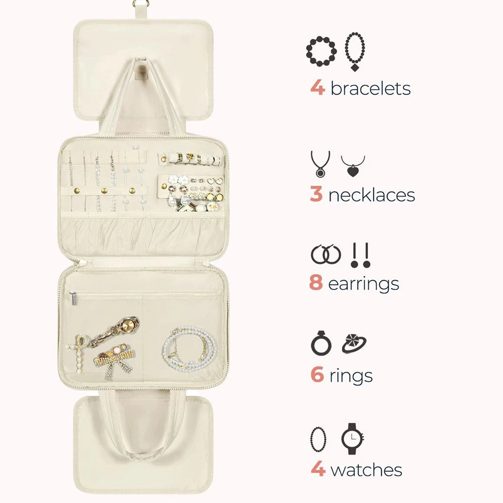 A beige portable hanging toiletry bag featuring various accessories including bracelets, necklaces, earrings, rings, and watc
