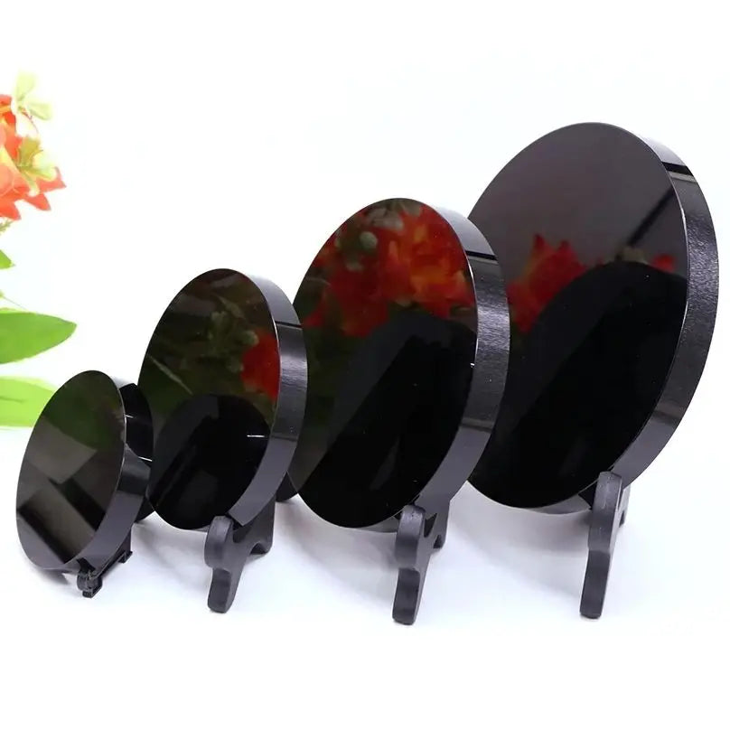 Miroir de divination en obsidienne noire naturelle avec support