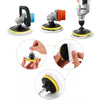 A set of five wool car polishing pads with backing pads and a drill adapter shown in various angles.