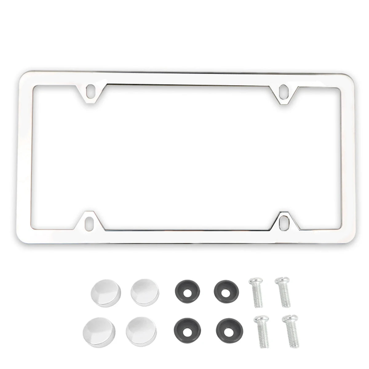 A set of slim stainless steel license plate frames in mirror chrome finish.