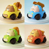 Three push-and-go toy cars featuring cartoon animals like a bear, pig, and lion in yellow, blue, and orange colors.