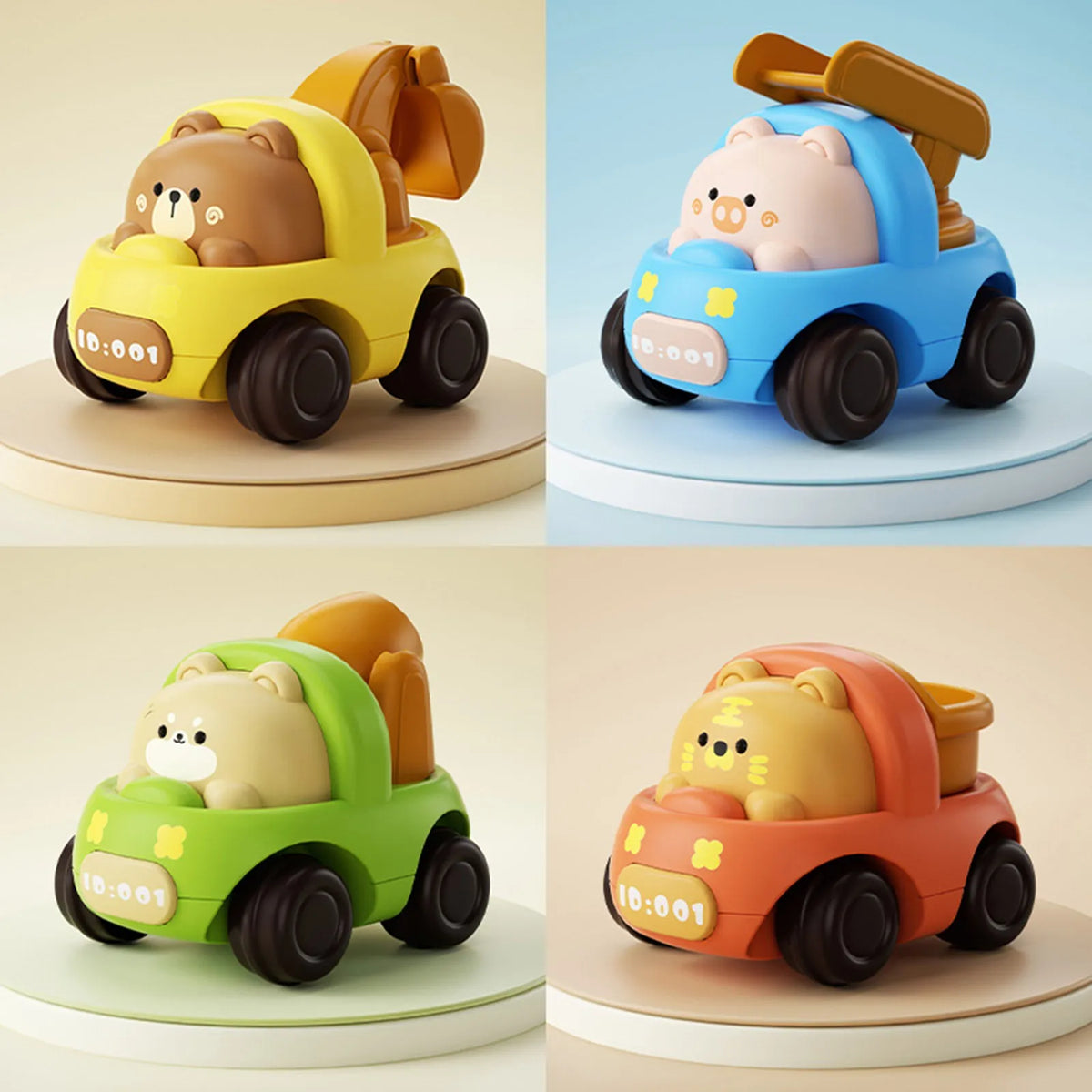 Three push-and-go toy cars featuring cartoon animals like a bear, pig, and lion in yellow, blue, and orange colors.