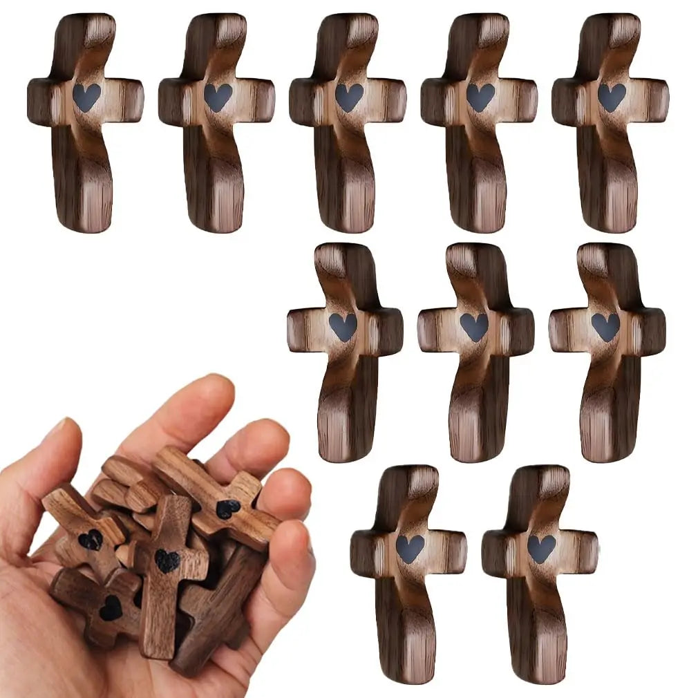 Wooden Pocket Cross with Heart Cutout