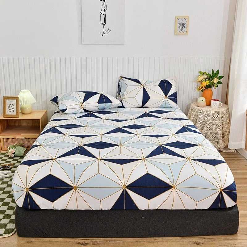 Non-Slip Fitted Sheet with Elastic Edges – Geometric Print, Soft Cotton Feel