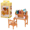 A wooden toy set featuring a miniature house, furniture, and characters from Sylvanian Families Forest Friends.
