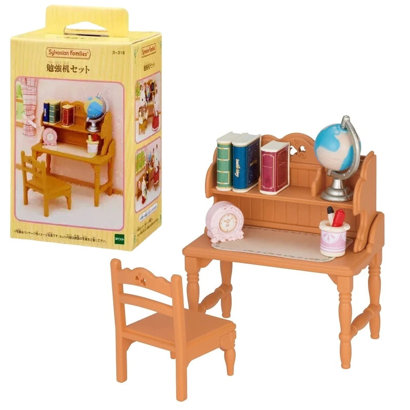 A wooden toy set featuring a miniature house, furniture, and characters from Sylvanian Families Forest Friends.