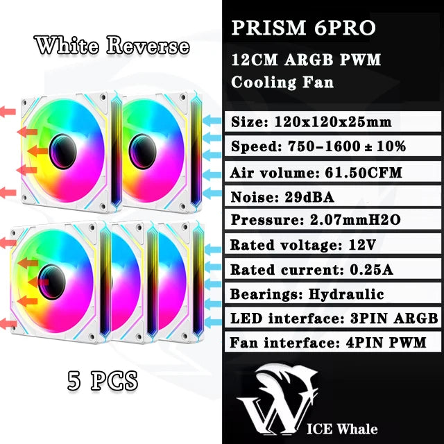 Weißer Reverse Prism 6PRO 12cm ARGB PWM-Kühlventilator mit hydraulischen Lagern und LED-Schnittstelle