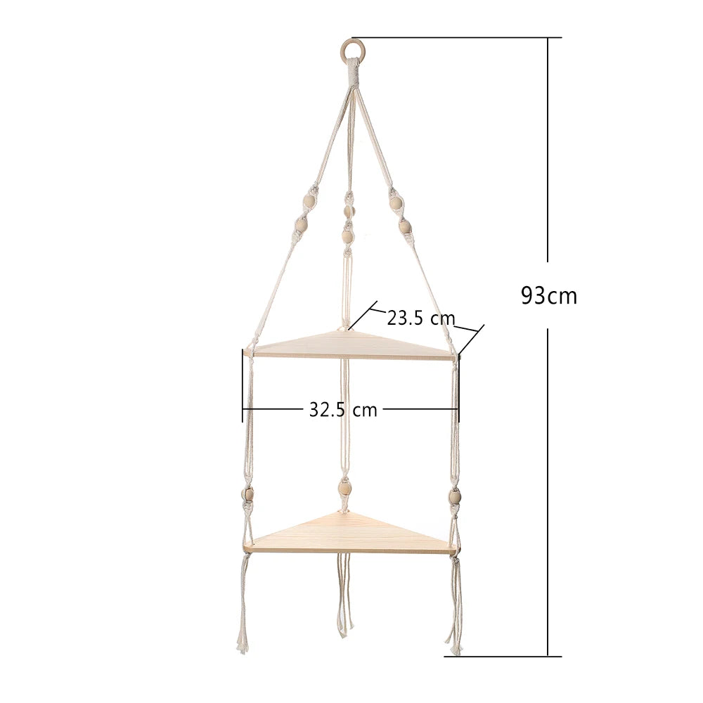 Triangle Wood Floating Wall Shelf with Macrame Rope