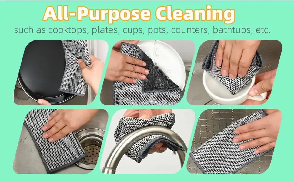 A collection of double-sided non-scratch dishcloths made of microfiber and mesh being used for cleaning various household ite