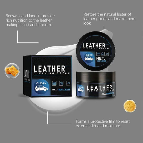 A set of leather cleaning cream products including a box and a jar, with text describing their benefits.